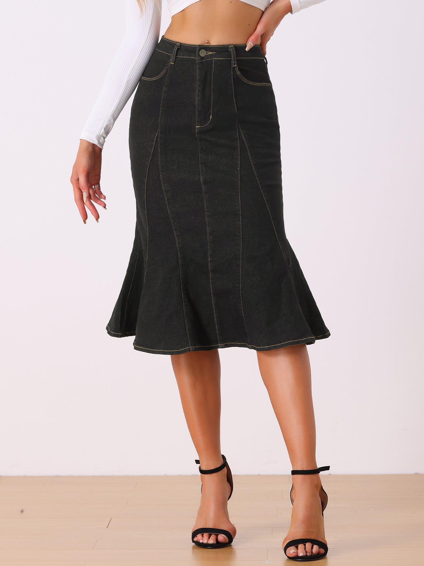 Falda vaquera midi ajustada de cintura alta con volantes y cola de pez para mujer
