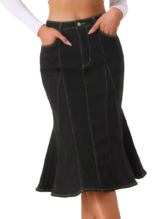 Falda vaquera midi ajustada de cintura alta con volantes y cola de pez para mujer