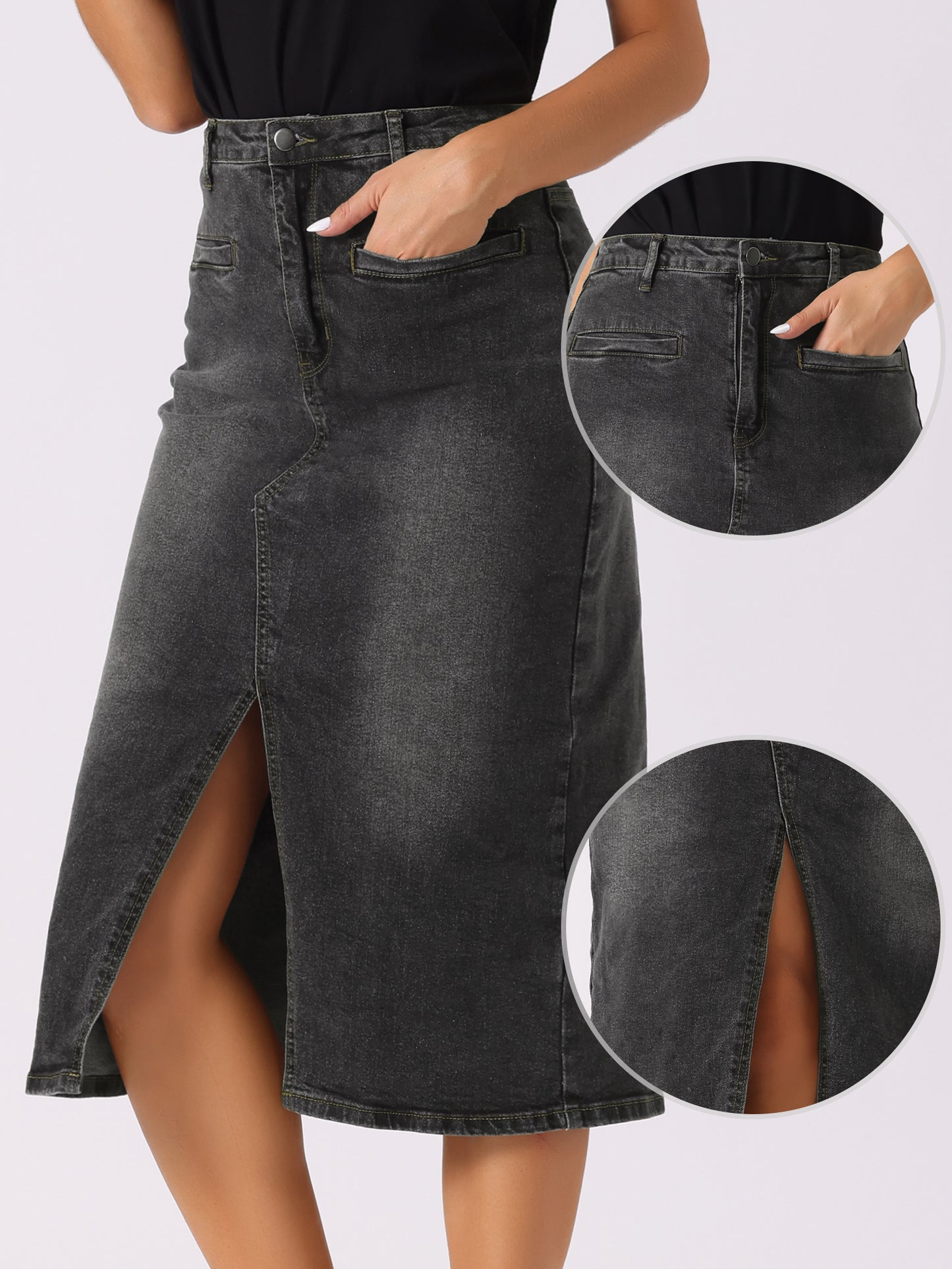 Falda vaquera de mujer con cintura alta, abertura frontal, lavado, midi, con bolsillos