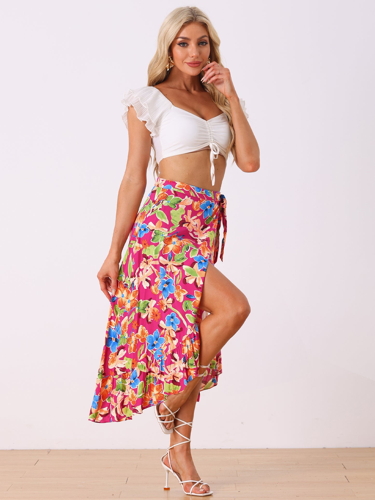 Women's Tropical Floral Print Ruffle Self Tie Knot Split Beach Wrap Skirt