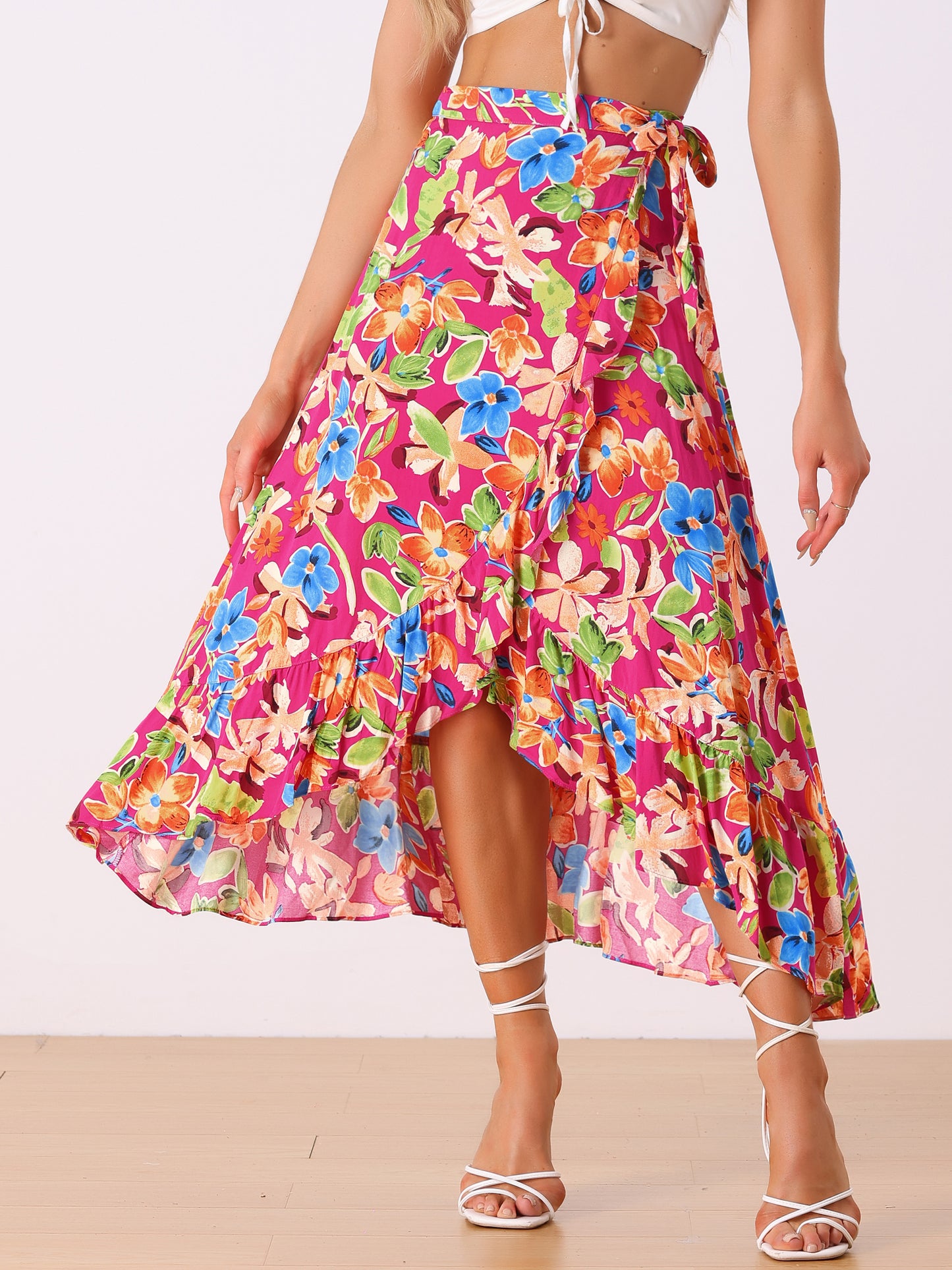 Women's Tropical Floral Print Ruffle Self Tie Knot Split Beach Wrap Skirt