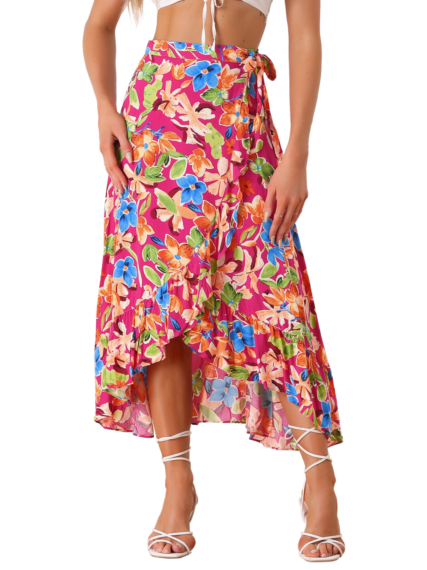 Women's Tropical Floral Print Ruffle Self Tie Knot Split Beach Wrap Skirt