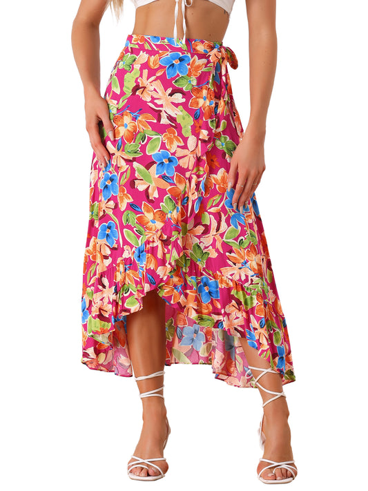 Women's Tropical Floral Print Ruffle Self Tie Knot Split Beach Wrap Skirt
