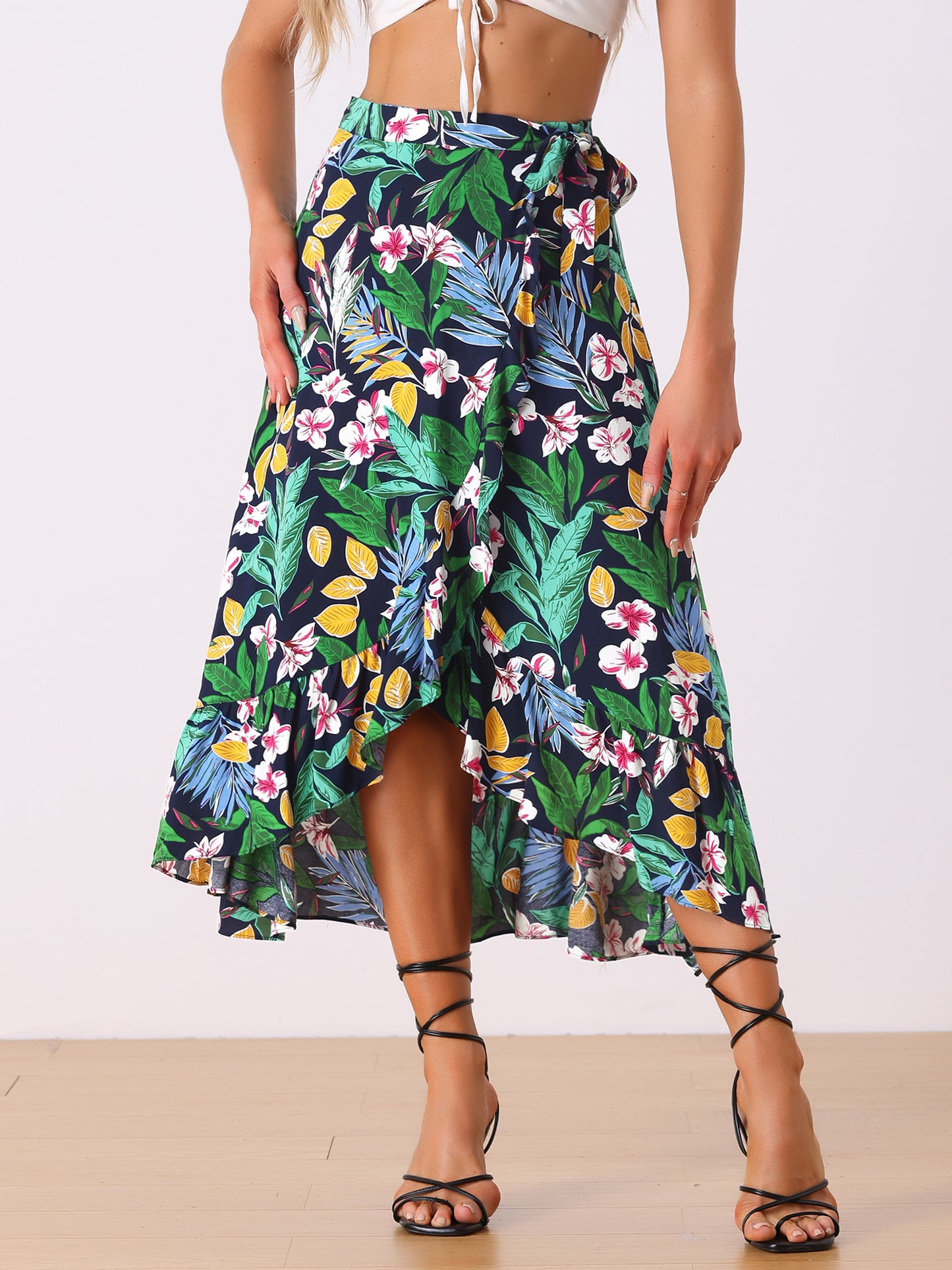 Women's Tropical Floral Print Ruffle Self Tie Knot Split Beach Wrap Skirt