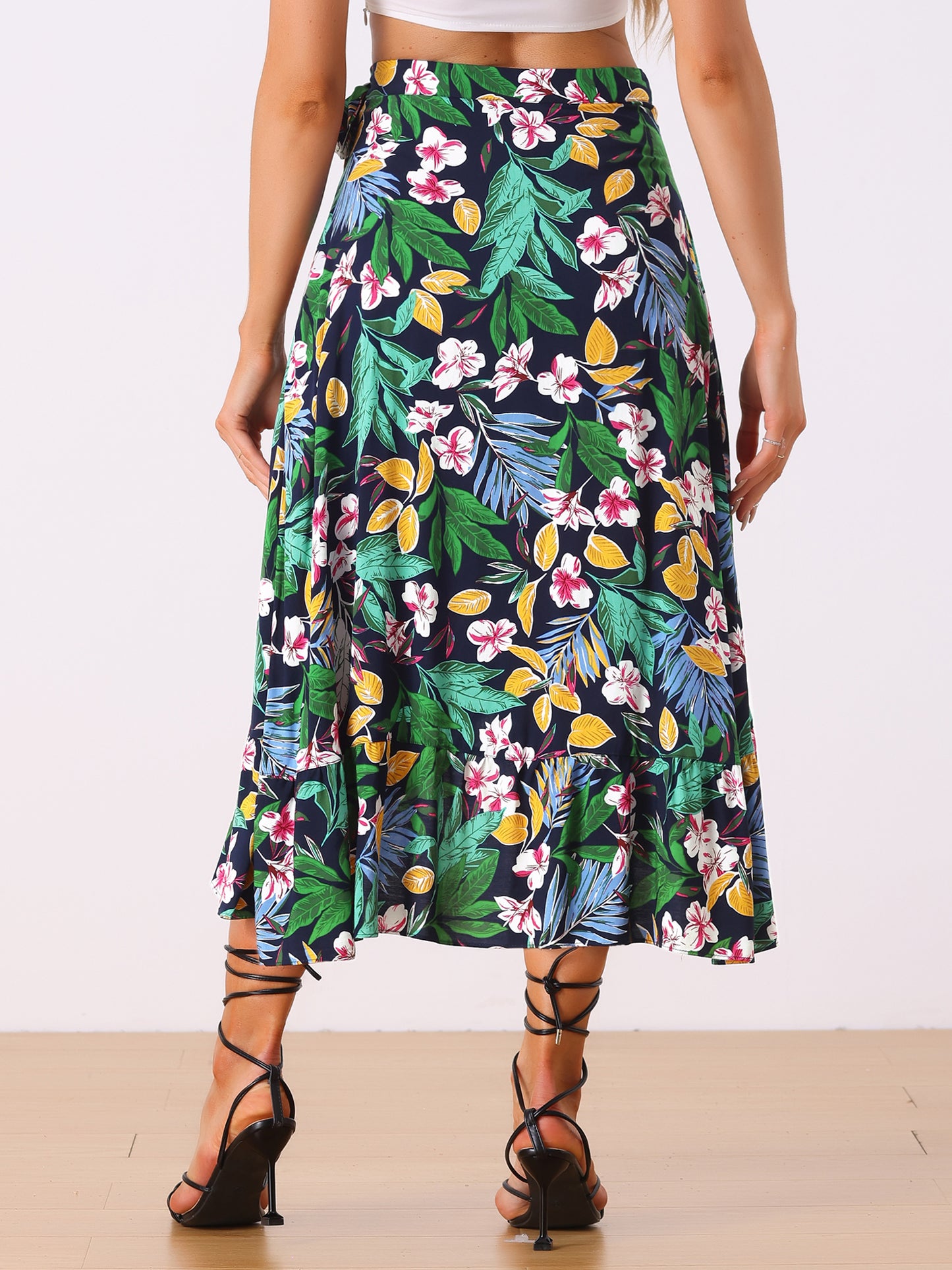 Women's Tropical Floral Print Ruffle Self Tie Knot Split Beach Wrap Skirt