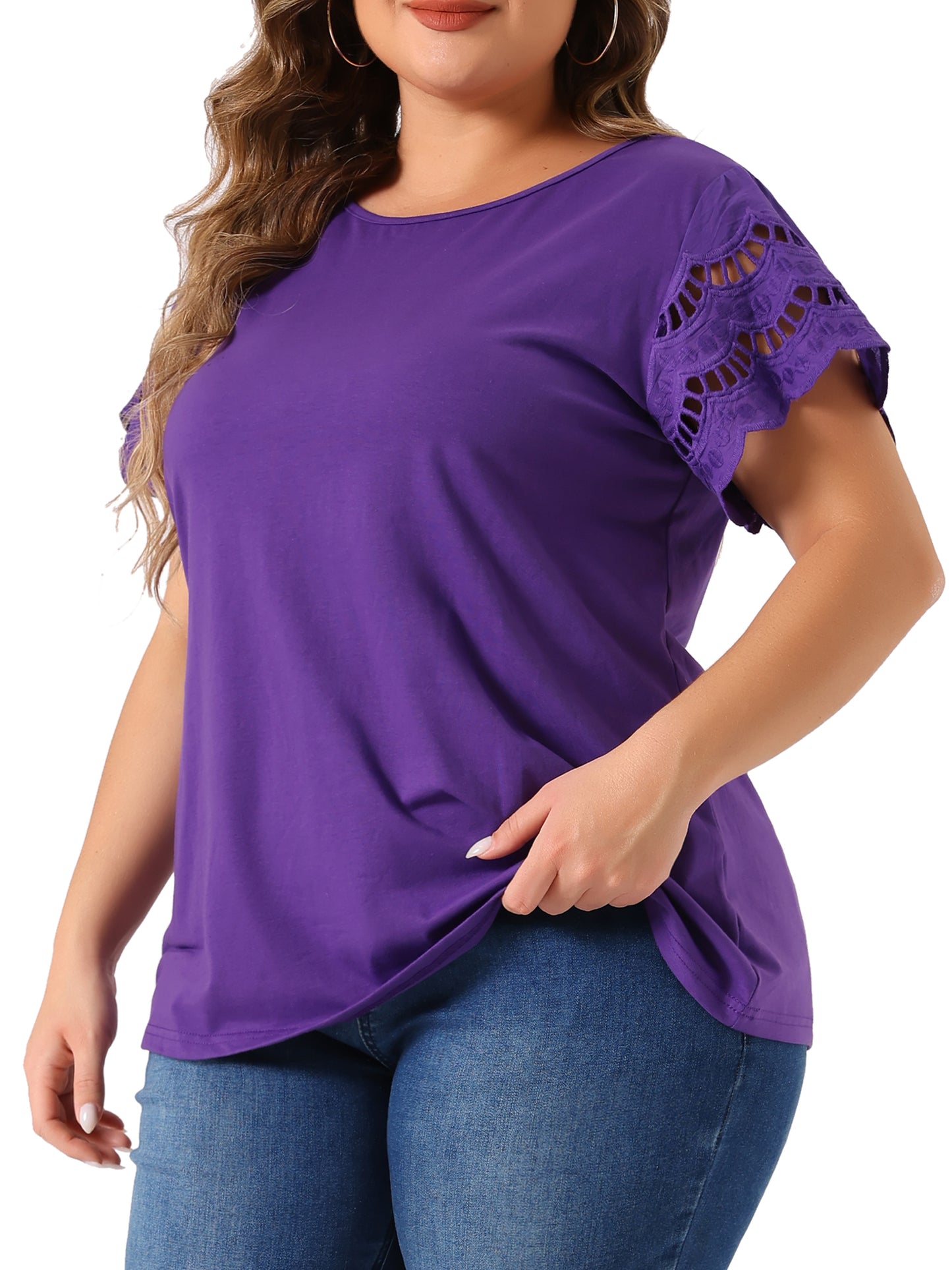 Women's Plus Size Top Round Neck Lace Panel Hollow Short Sleeve Elegant Summer Blouse