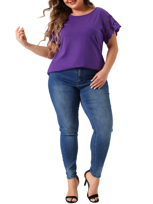 Women's Plus Size Top Round Neck Lace Panel Hollow Short Sleeve Elegant Summer Blouse