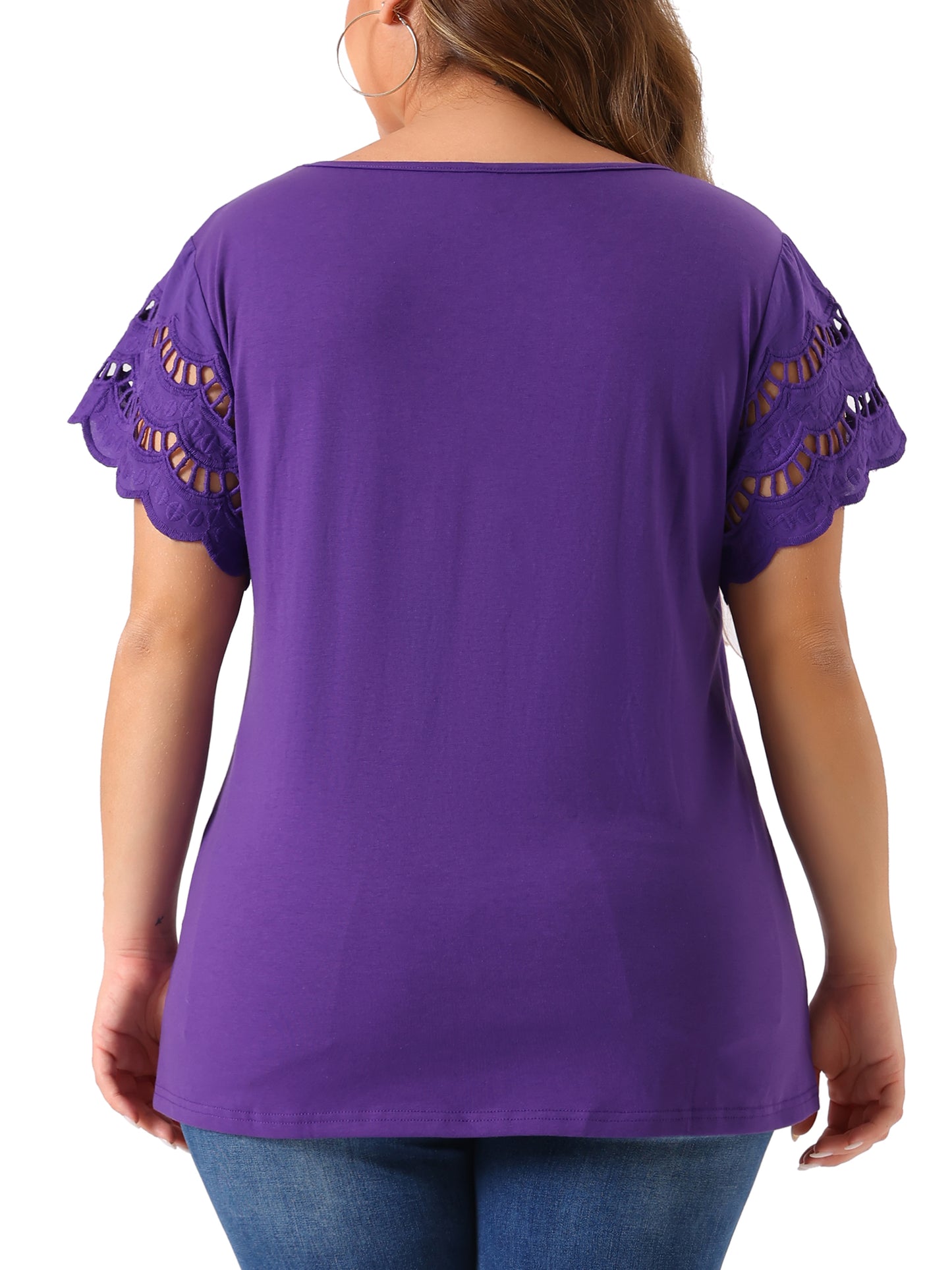Women's Plus Size Top Round Neck Lace Panel Hollow Short Sleeve Elegant Summer Blouse