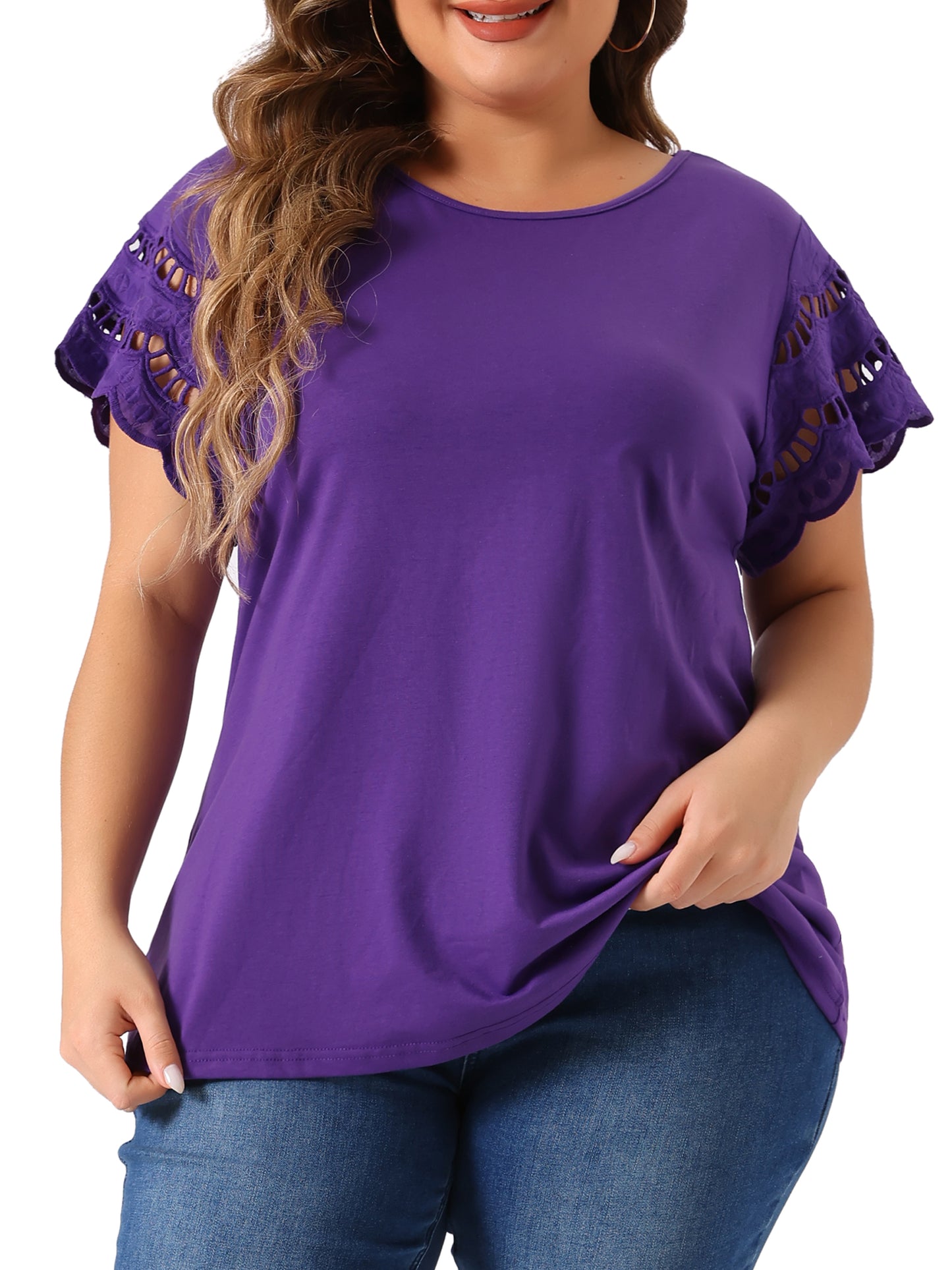 Women's Plus Size Top Round Neck Lace Panel Hollow Short Sleeve Elegant Summer Blouse