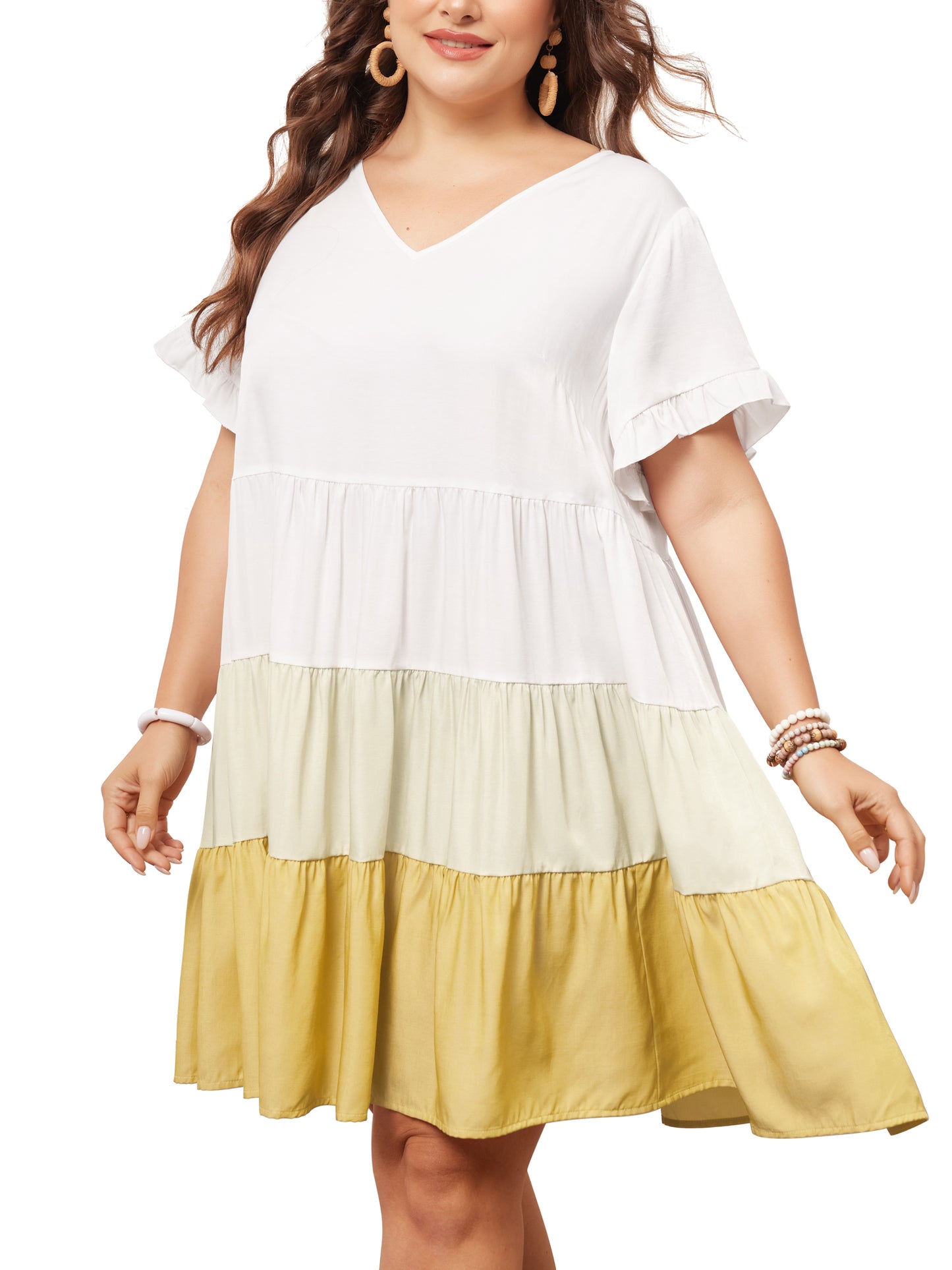 Women's Plus Size Babydoll Ruffle Short Sleeve Casual Loose Flowy Swing Hem Chambray V Neck Mini Dress