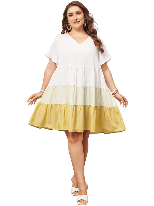 Women's Plus Size Babydoll Ruffle Short Sleeve Casual Loose Flowy Swing Hem Chambray V Neck Mini Dress