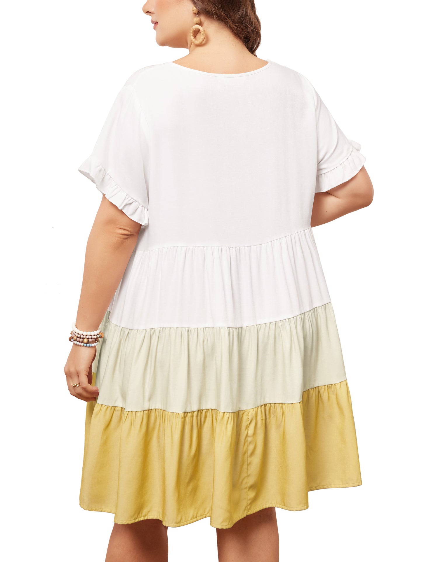 Women's Plus Size Babydoll Ruffle Short Sleeve Casual Loose Flowy Swing Hem Chambray V Neck Mini Dress