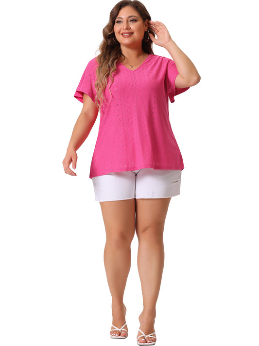 Women's Plus Size Summer Tee V Neck Hollow Flare Short Sleeve Casual Top Tunic