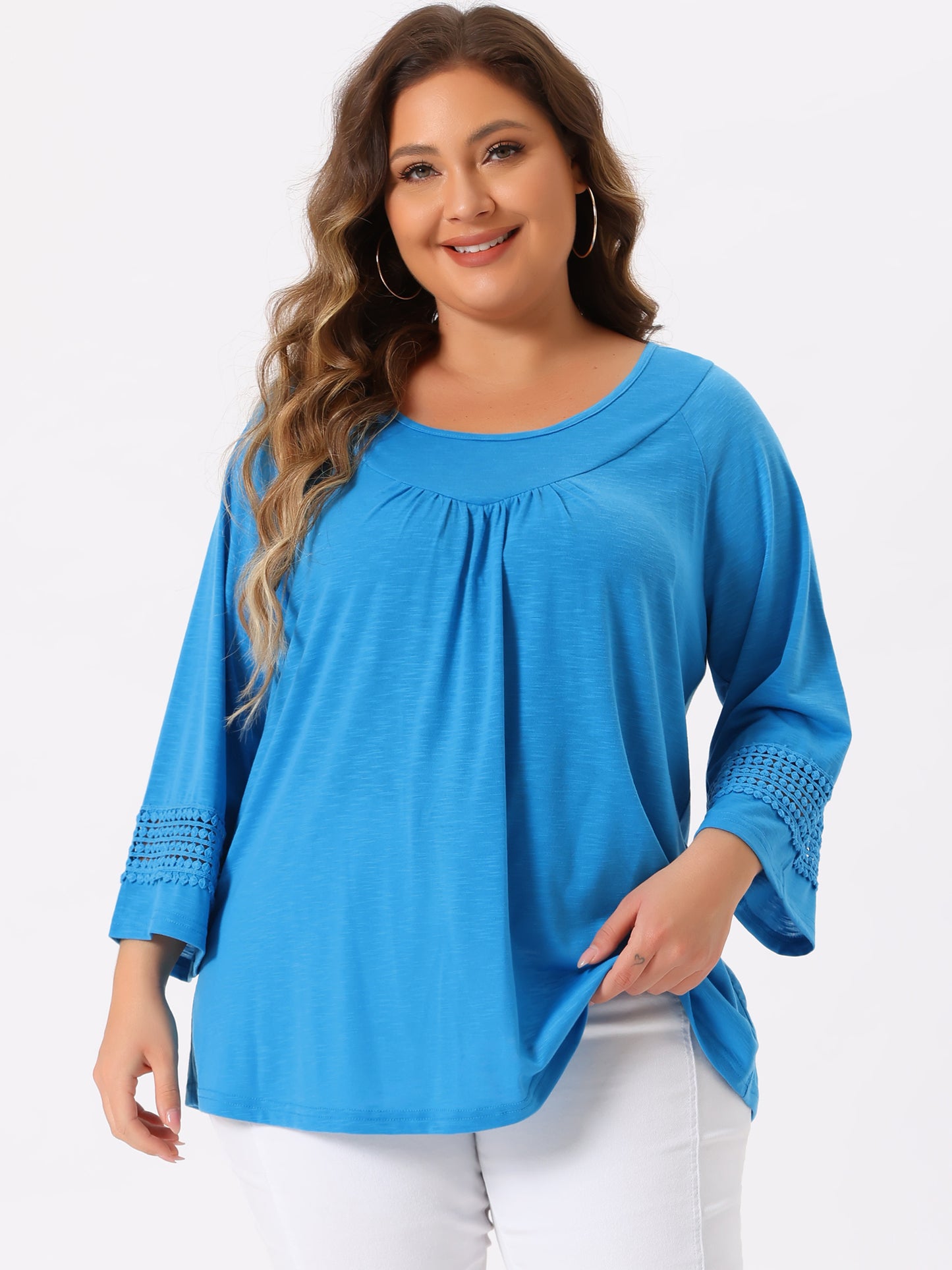 Women's Plus Size Tops Long Sleeve Crochet Panel Hollow Out Pleated Tunics Blouse