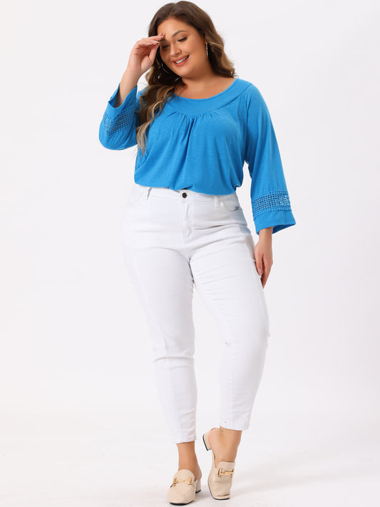 Women's Plus Size Tops Long Sleeve Crochet Panel Hollow Out Pleated Tunics Blouse