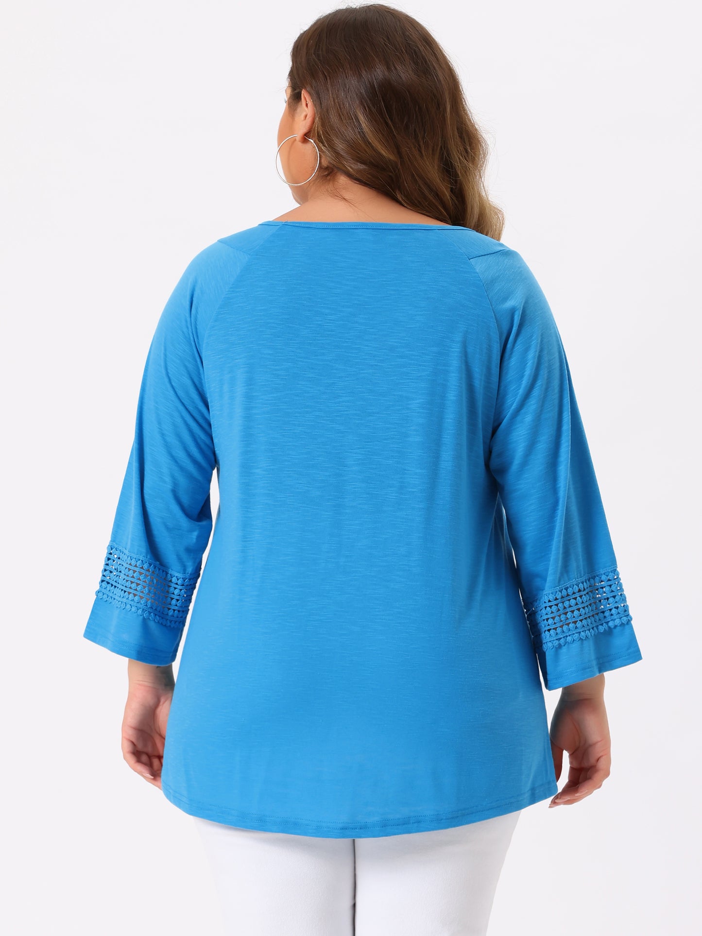 Women's Plus Size Tops Long Sleeve Crochet Panel Hollow Out Pleated Tunics Blouse