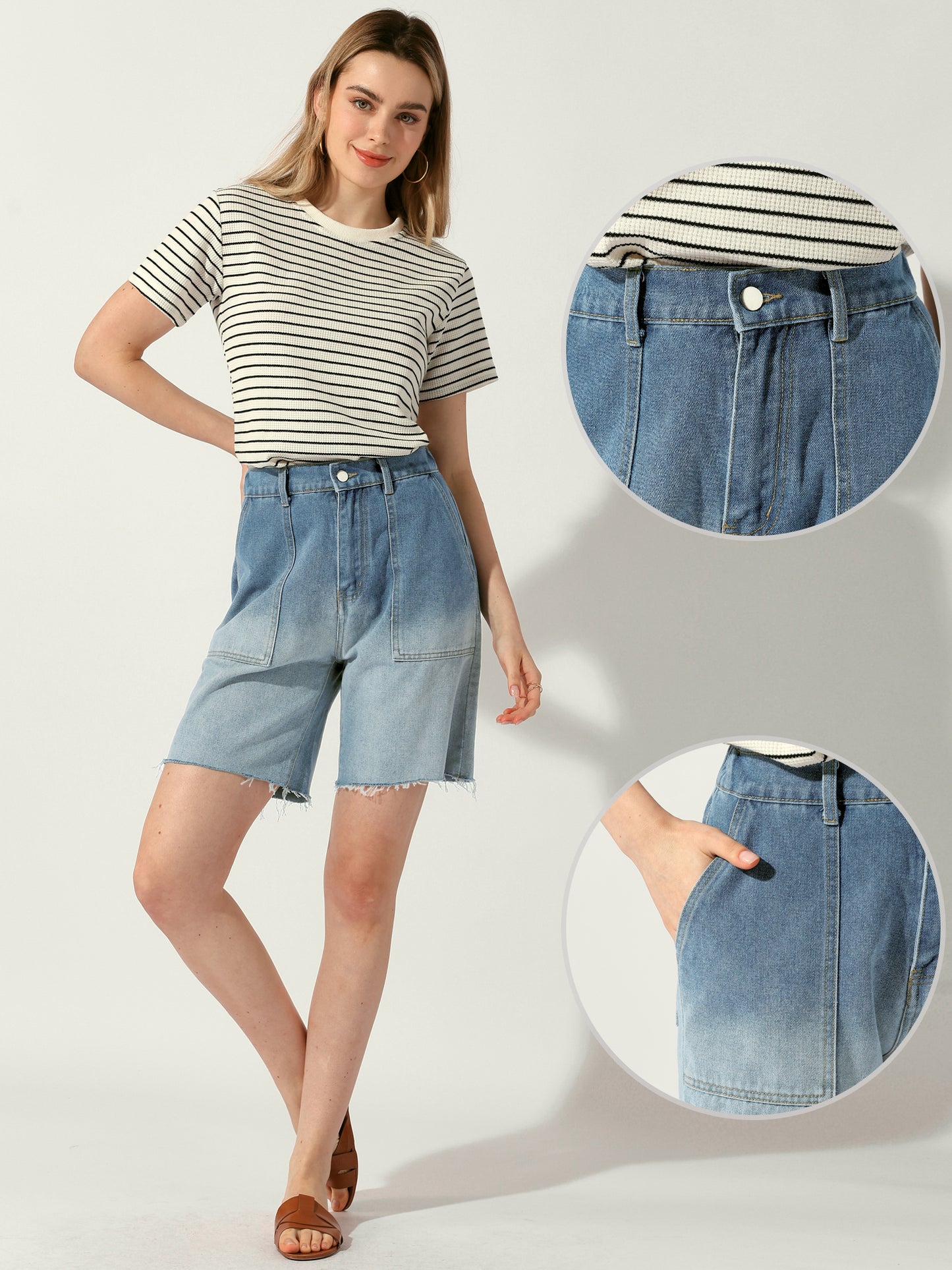 Women's Elastic Waist Straight Leg Jeans Pants Denim Shorts
