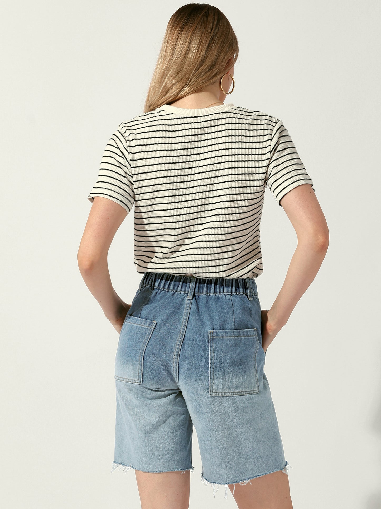 Women's Elastic Waist Straight Leg Jeans Pants Denim Shorts