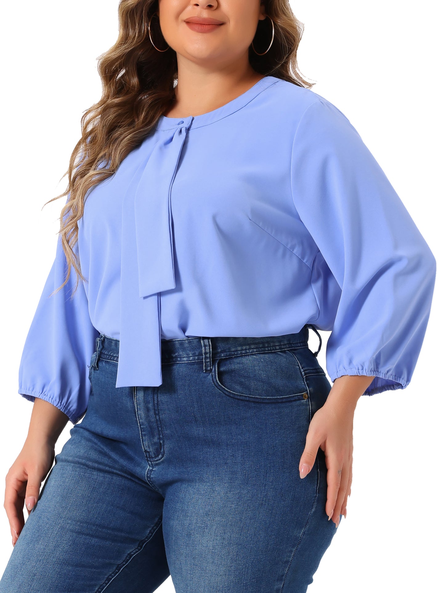 Women Plus Size Top 3/4 Sleeve Work Office Tie Front Ruffle Chiffon Blouse