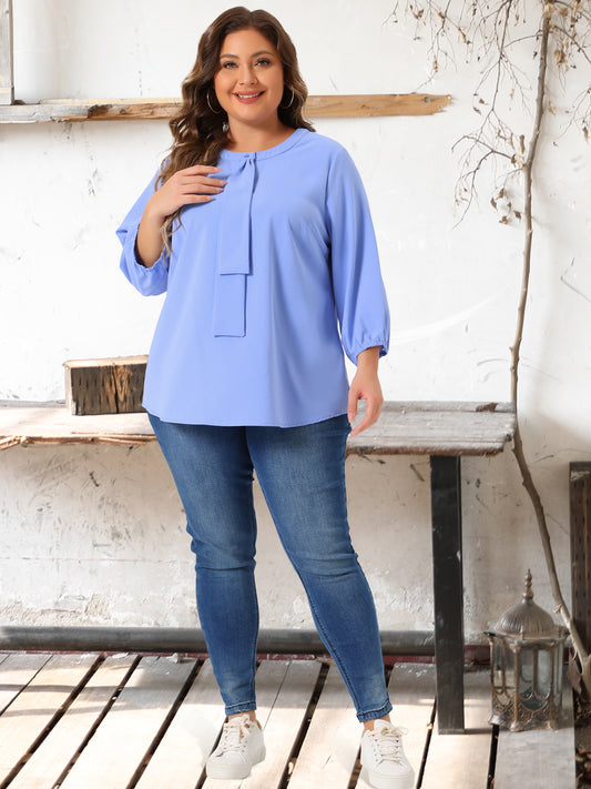 Women Plus Size Top 3/4 Sleeve Work Office Tie Front Ruffle Chiffon Blouse