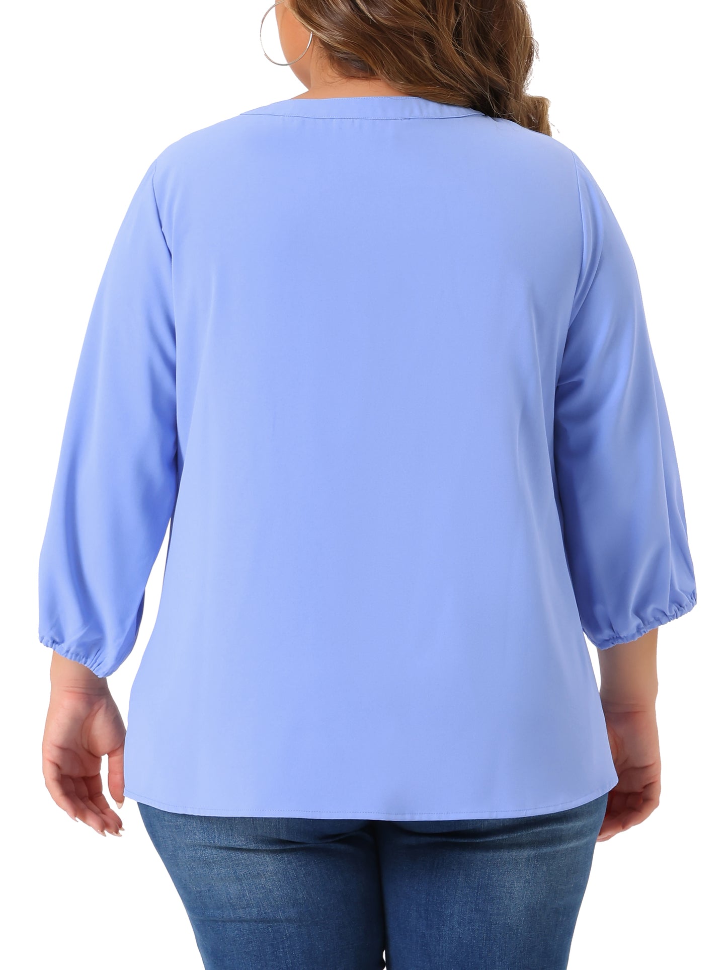 Women Plus Size Top 3/4 Sleeve Work Office Tie Front Ruffle Chiffon Blouse