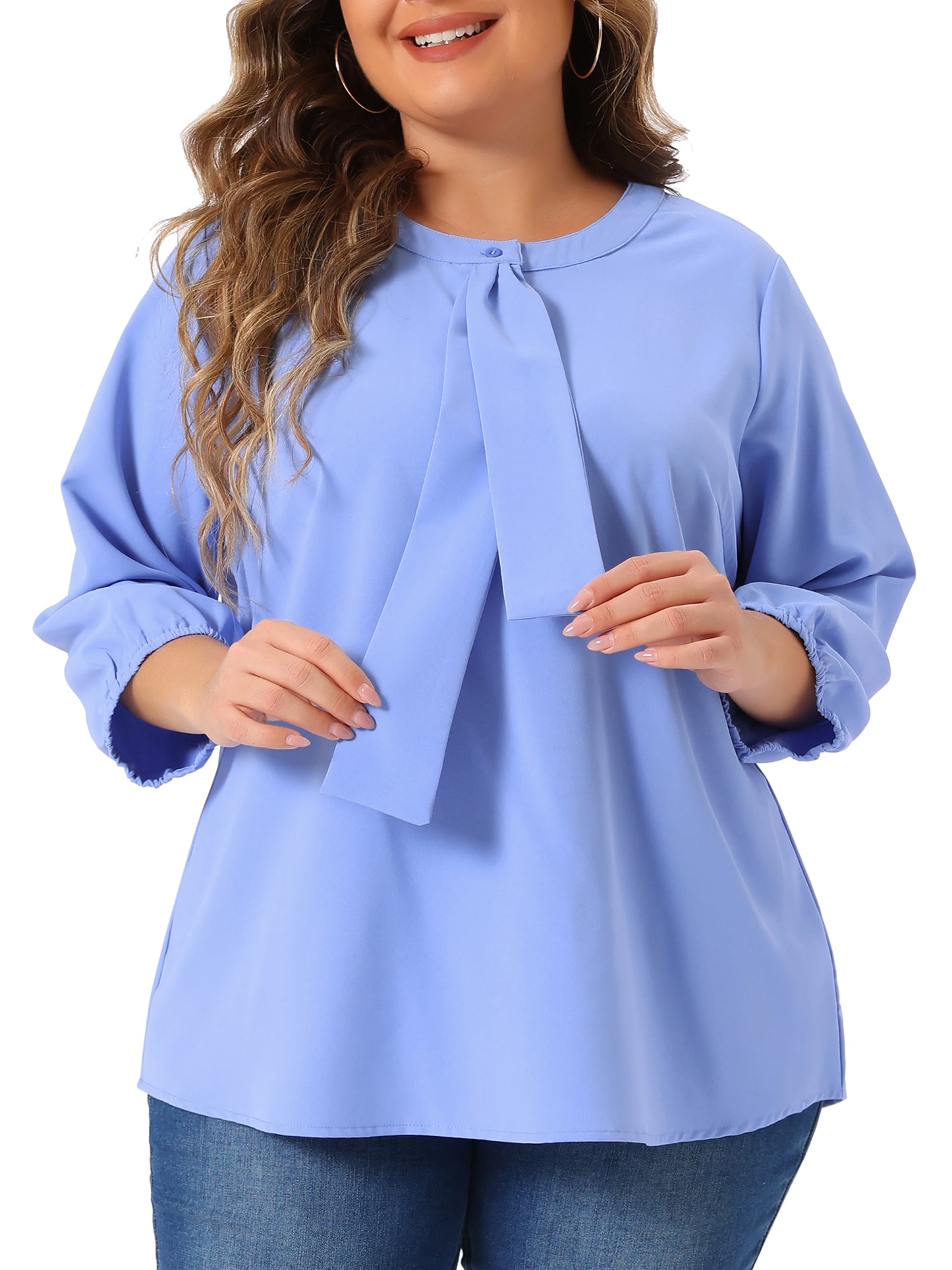 Women Plus Size Top 3/4 Sleeve Work Office Tie Front Ruffle Chiffon Blouse