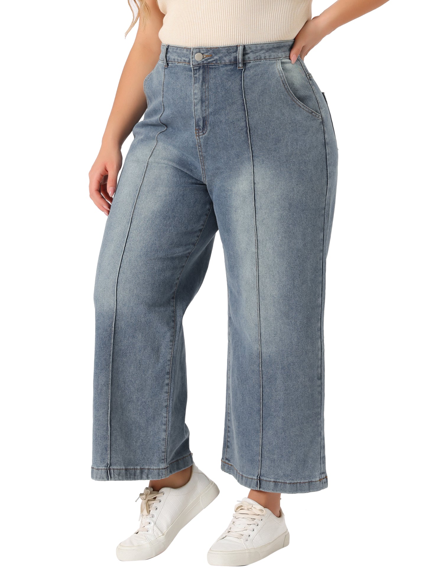 Women Plus Size Jeans Wide Leg Baggy Washed Stretch with Pockets Denim Ankle Pants