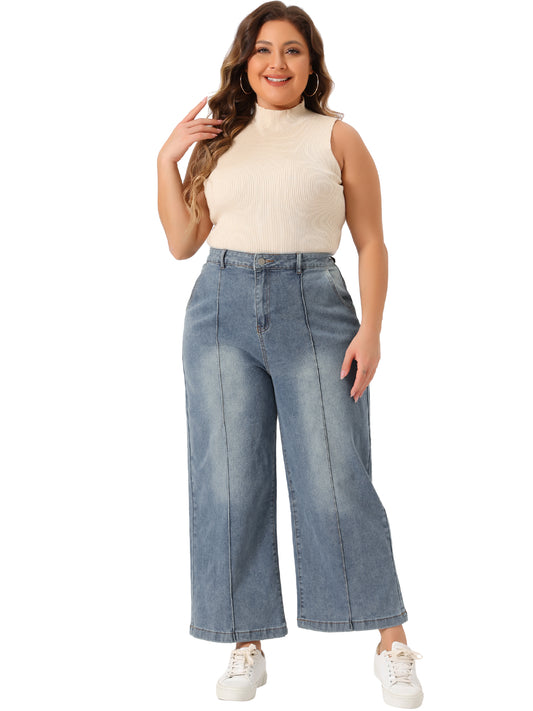 Women Plus Size Jeans Wide Leg Baggy Washed Stretch with Pockets Denim Ankle Pants