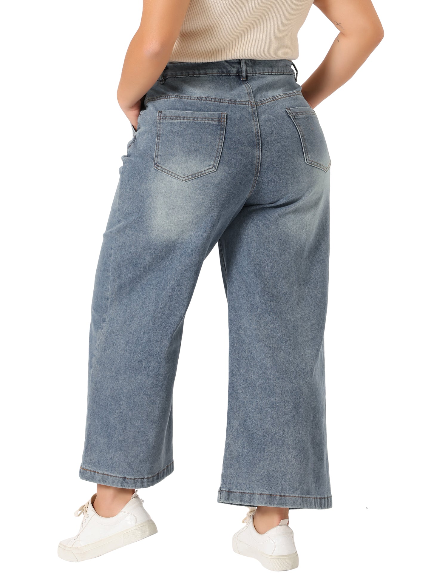 Women Plus Size Jeans Wide Leg Baggy Washed Stretch with Pockets Denim Ankle Pants