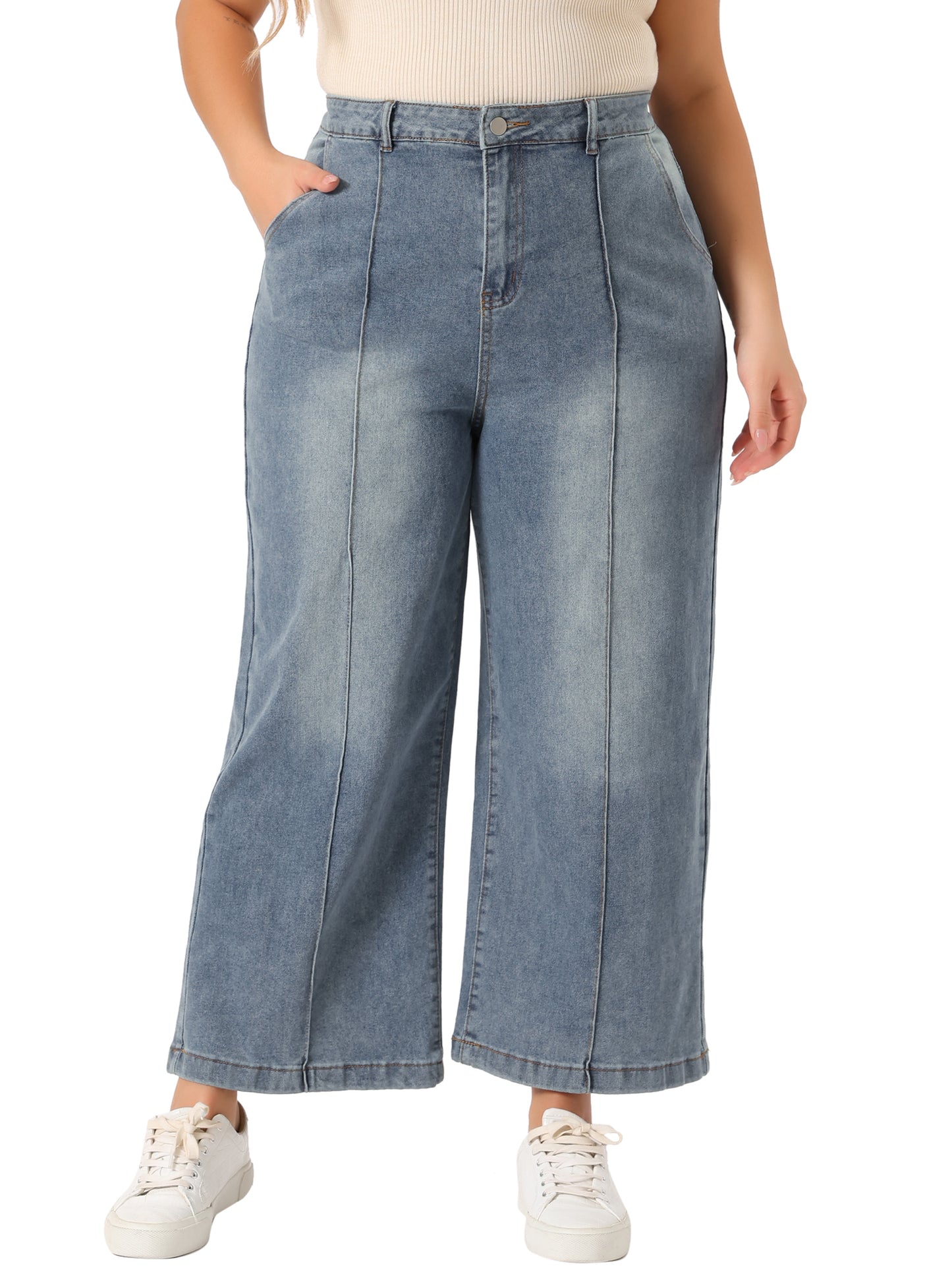 Women Plus Size Jeans Wide Leg Baggy Washed Stretch with Pockets Denim Ankle Pants