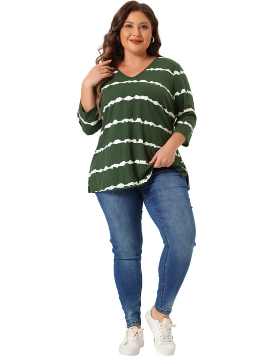 Women Plus Size T Shirt V Neck 3/4 Sleeve Loose Casual Blouse Striped Tie Dye Print