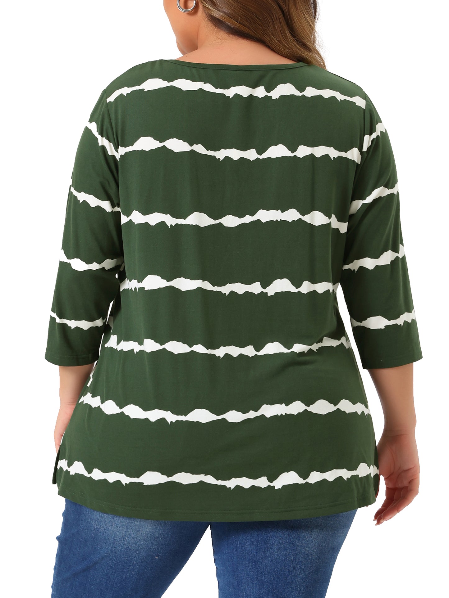 Women Plus Size T Shirt V Neck 3/4 Sleeve Loose Casual Blouse Striped Tie Dye Print