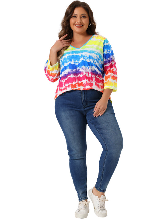 Women Plus Size T Shirt V Neck 3/4 Sleeve Loose Casual Blouse Striped Tie Dye Print