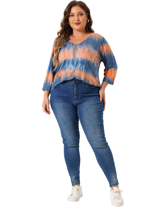 Women Plus Size T Shirt V Neck 3/4 Sleeve Loose Casual Blouse Striped Tie Dye Print