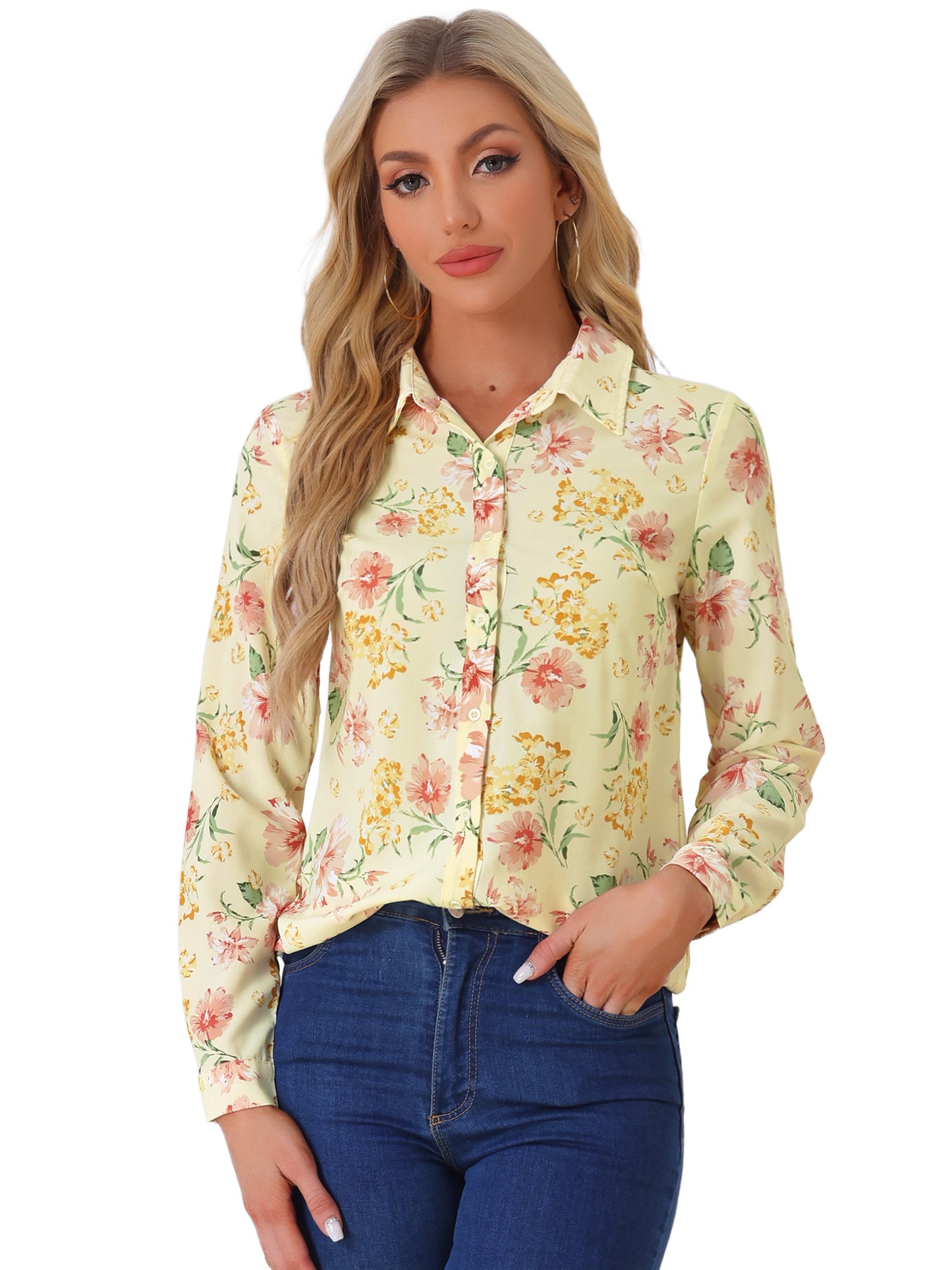 Women's Long Sleeve Button Down Ditsy Floral Shirt (Available in Plus Size)