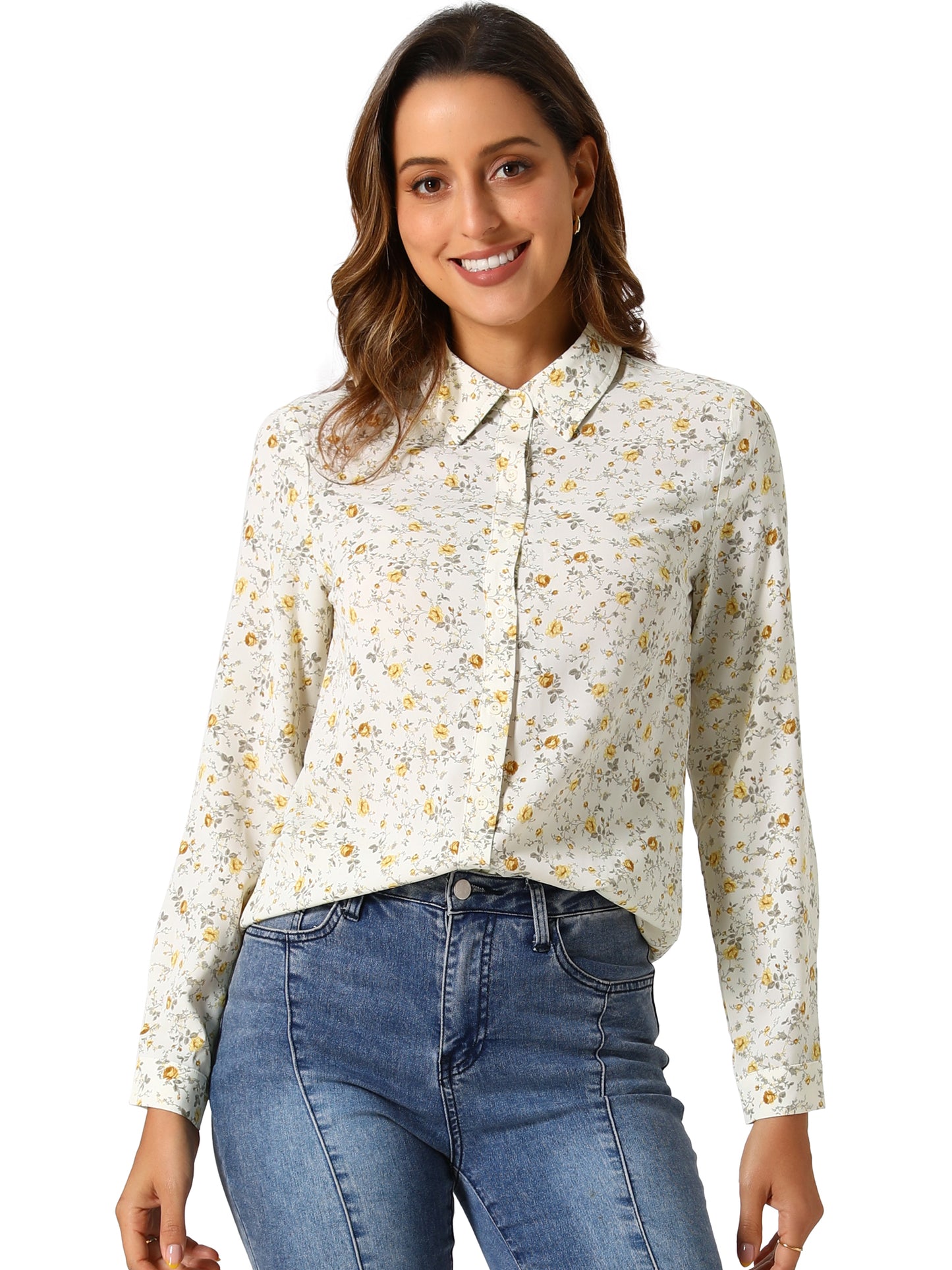 Women's Long Sleeve Button Down Ditsy Floral Shirt (Available in Plus Size)