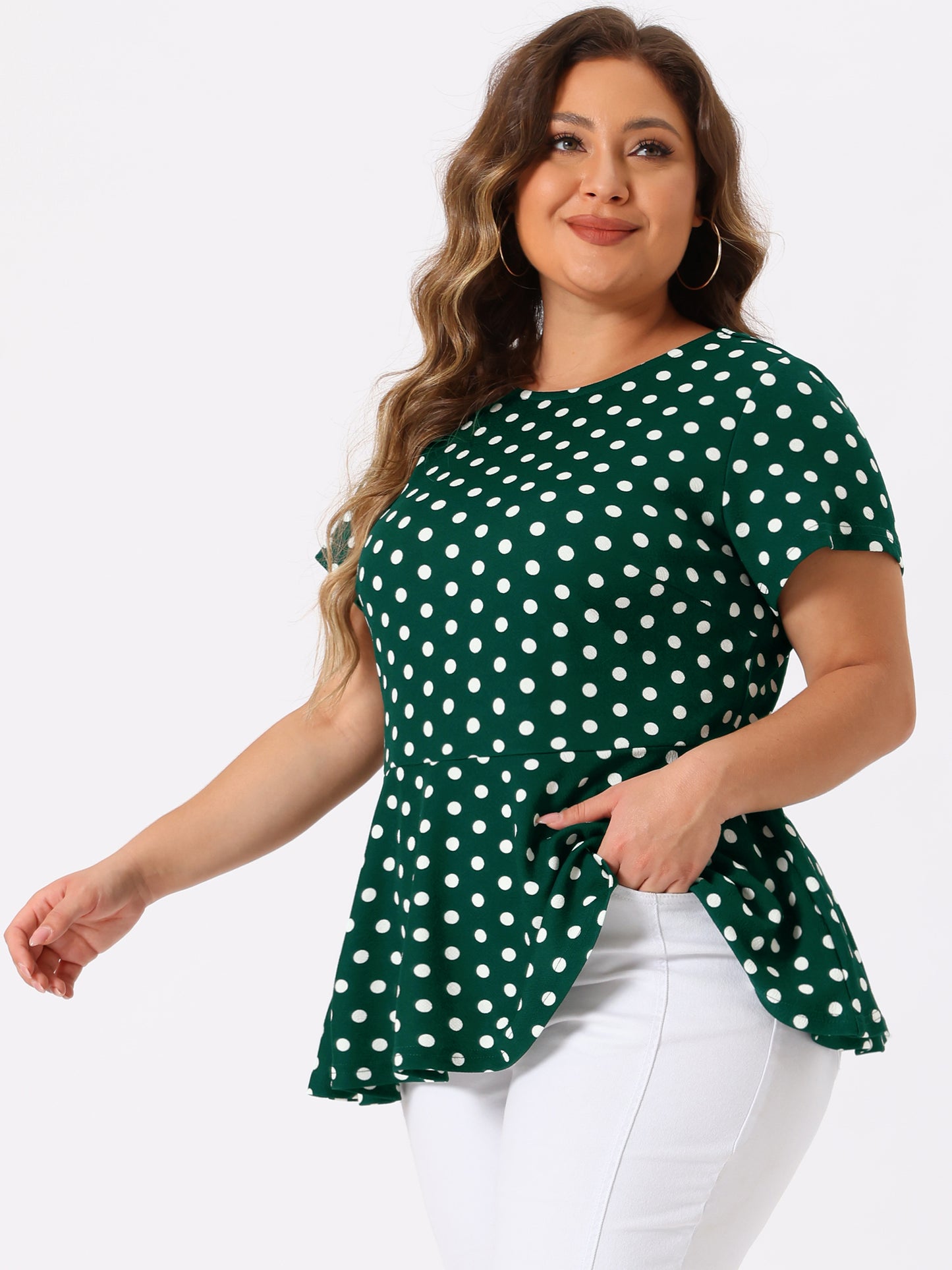 Women's Plus Size Short Sleeve Polka Dots Peplum Top