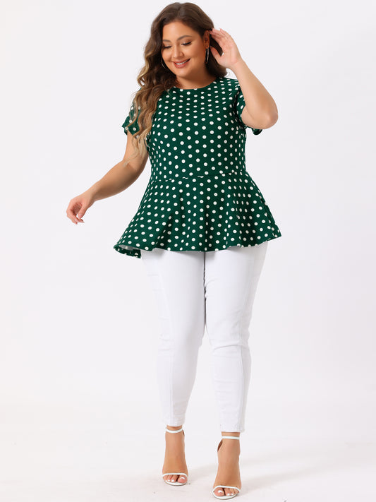Women's Plus Size Short Sleeve Polka Dots Peplum Top