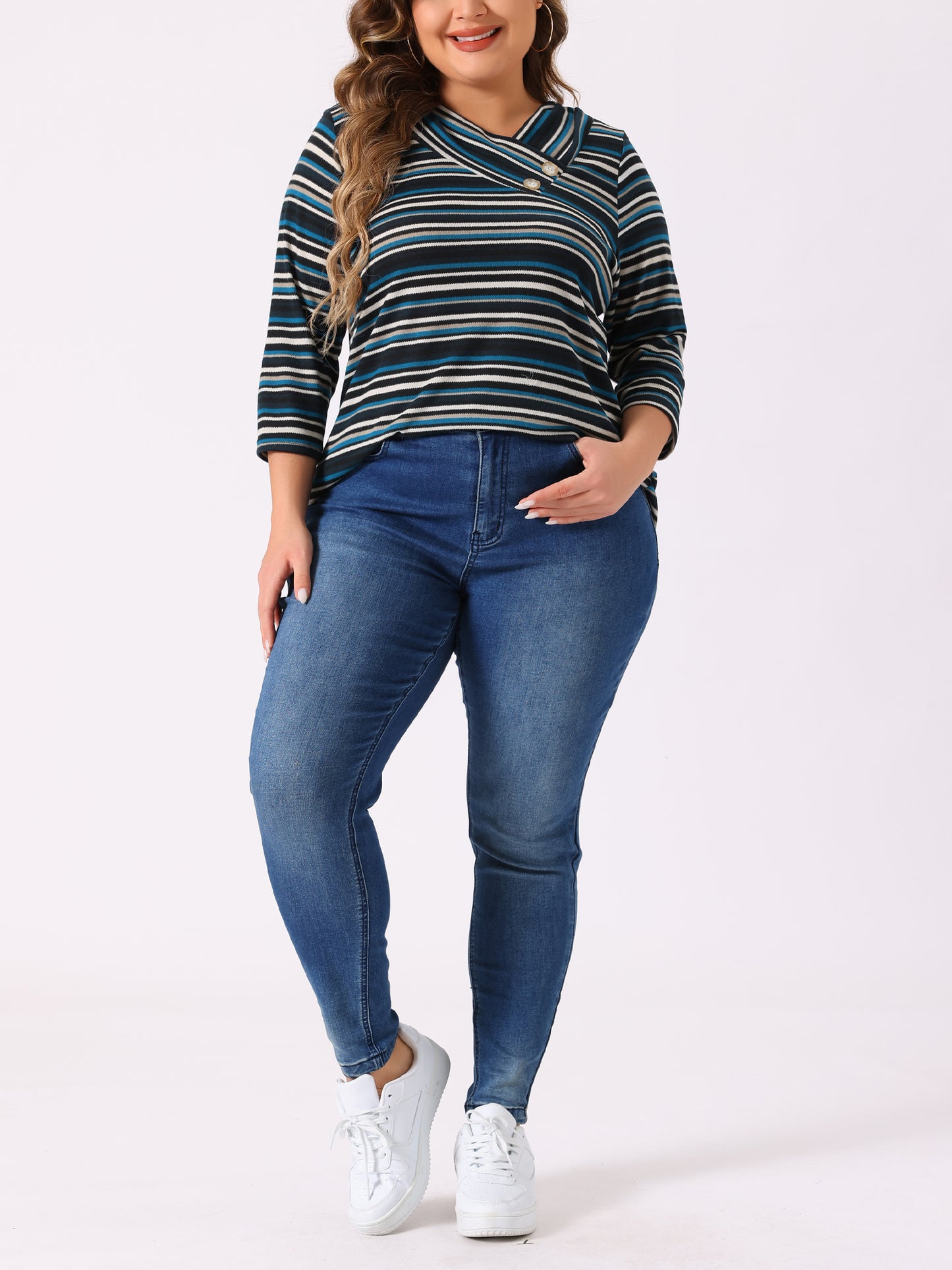 Women Plus Size Top 3/4 Sleeve Knit Striped Boho Asymmetric Neck T-Shirt Blouse