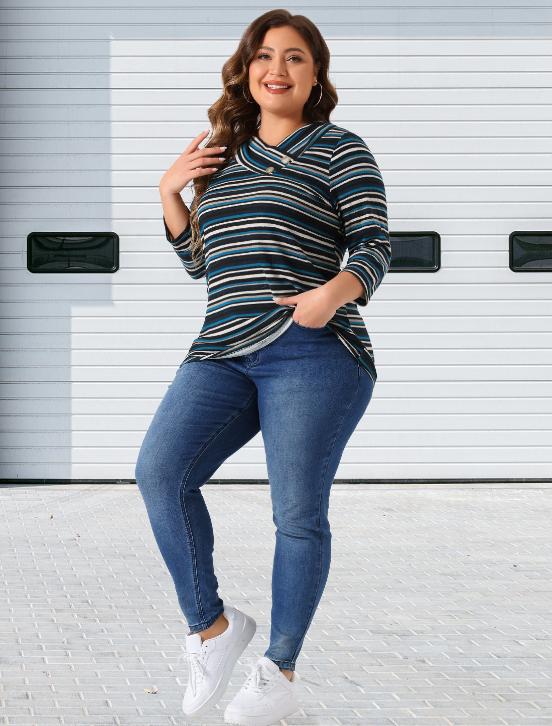 Women Plus Size Top 3/4 Sleeve Knit Striped Boho Asymmetric Neck T-Shirt Blouse