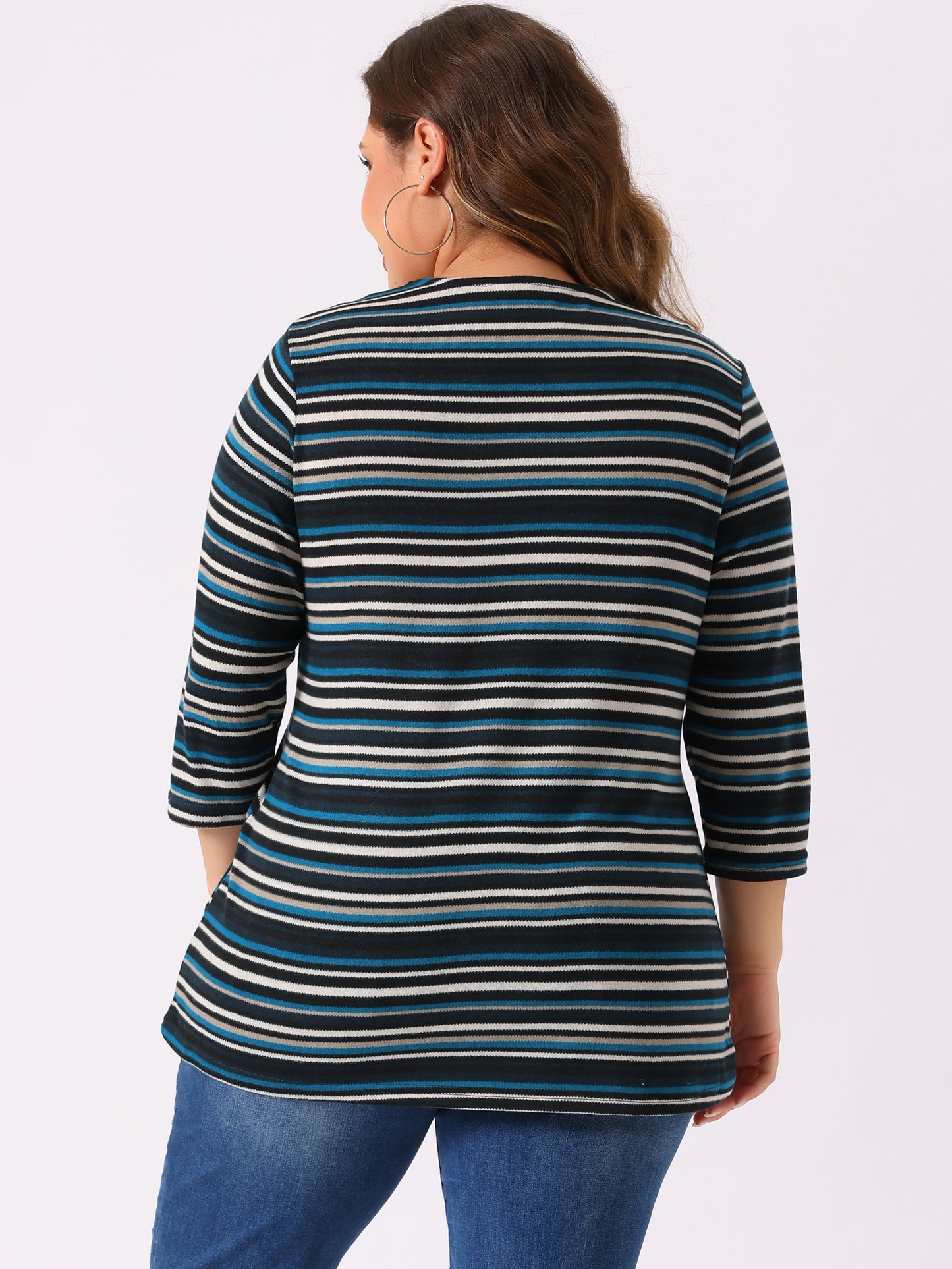 Women Plus Size Top 3/4 Sleeve Knit Striped Boho Asymmetric Neck T-Shirt Blouse