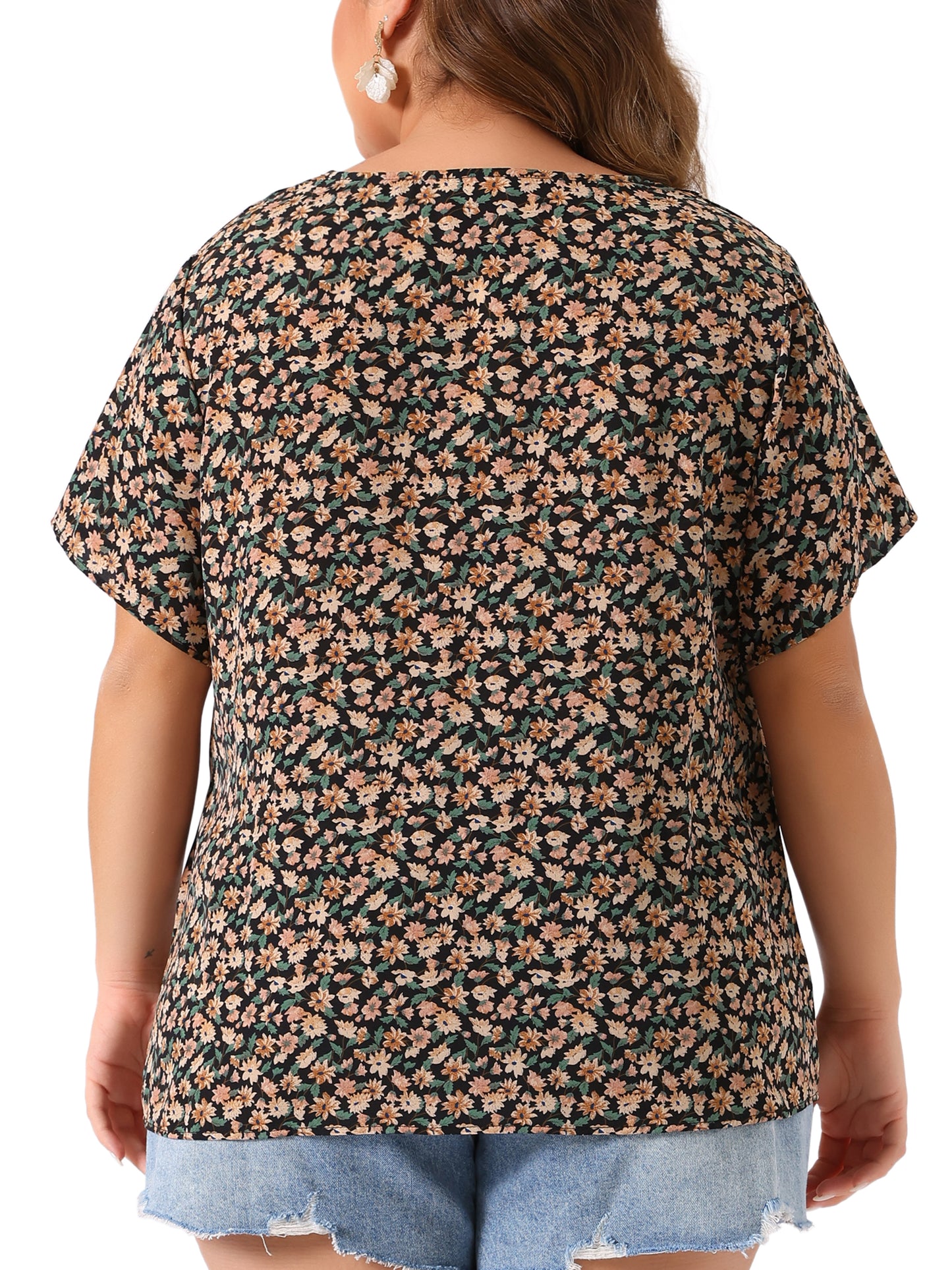 Women Plus Size Blouses V Neck Button Short Sleeve Floral Shirt Top