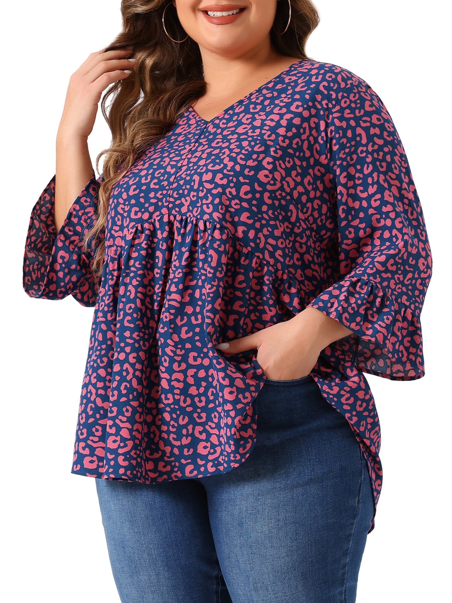 Women Plus Size Polka Dots Blouses V Neck 3/4 Ruffle Sleeve Peplum Top
