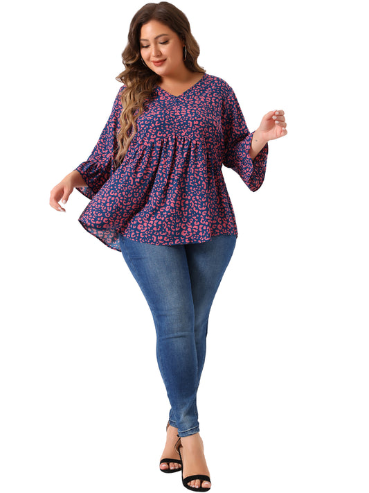 Women Plus Size Polka Dots Blouses V Neck 3/4 Ruffle Sleeve Peplum Top