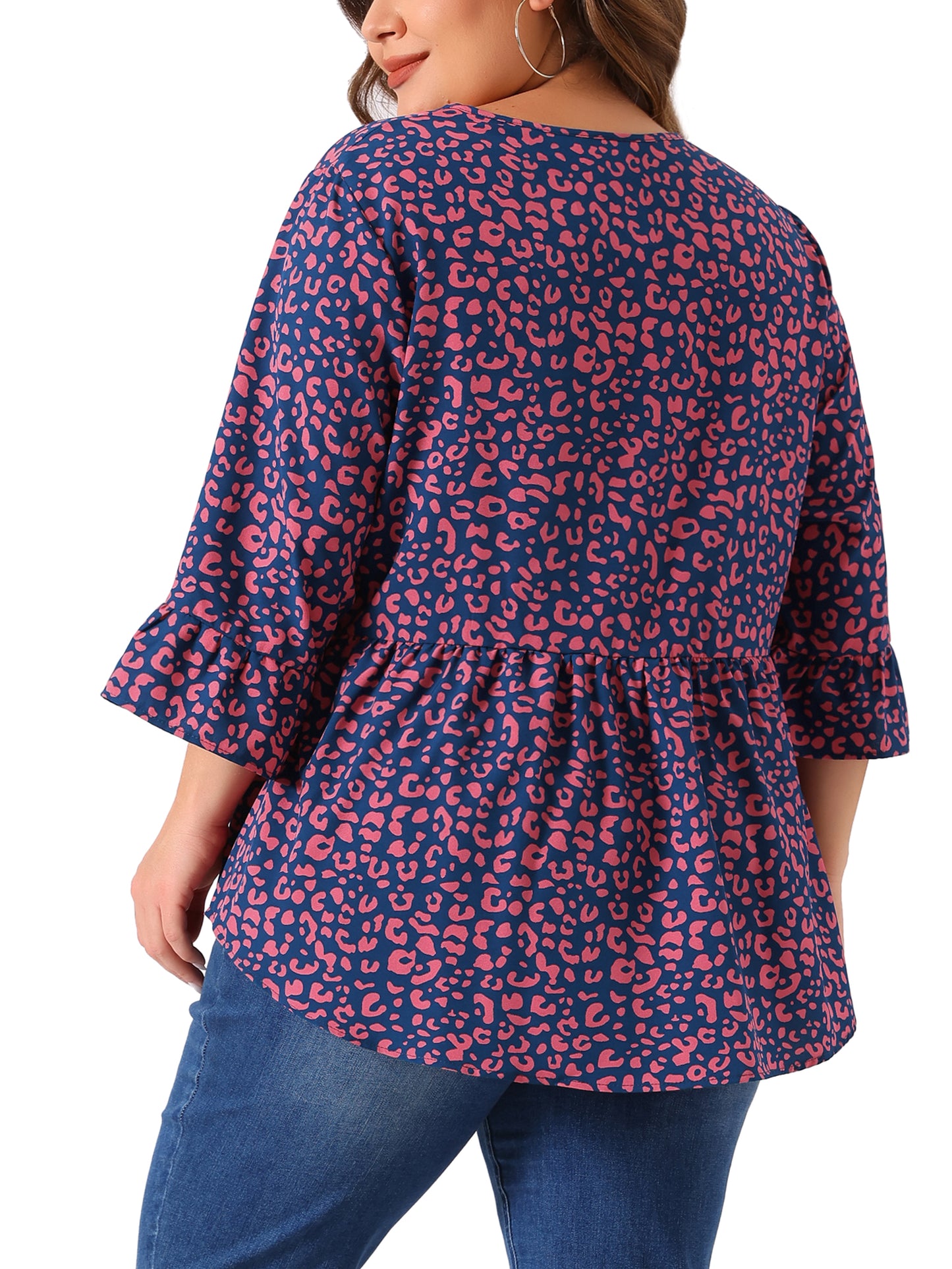 Women Plus Size Polka Dots Blouses V Neck 3/4 Ruffle Sleeve Peplum Top