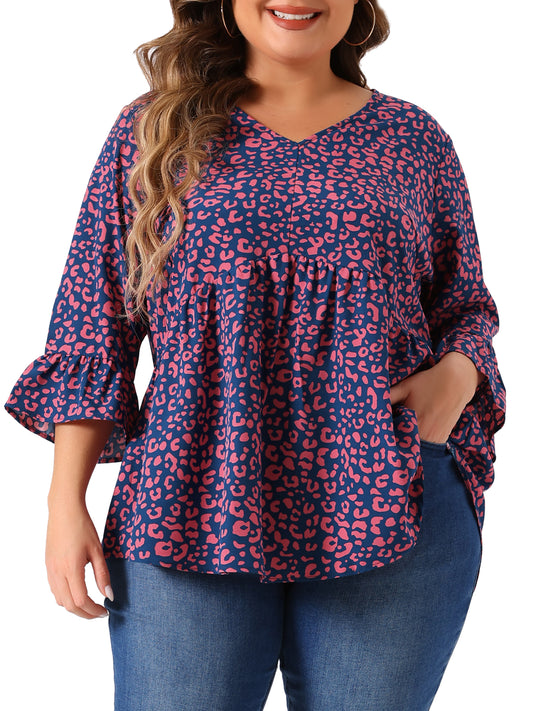 Women Plus Size Polka Dots Blouses V Neck 3/4 Ruffle Sleeve Peplum Top
