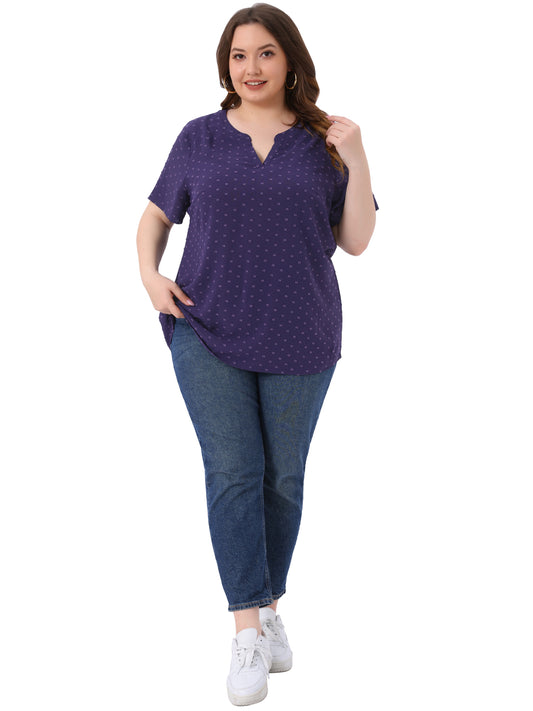 Women Plus Size Summer Top Swiss Dots Notched Neck Short Sleeve Blouse
