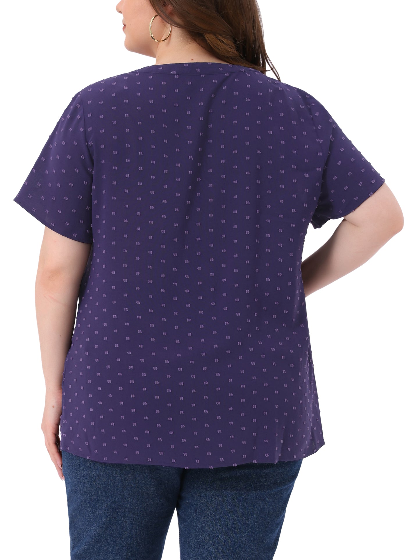 Women Plus Size Summer Top Swiss Dots Notched Neck Short Sleeve Blouse