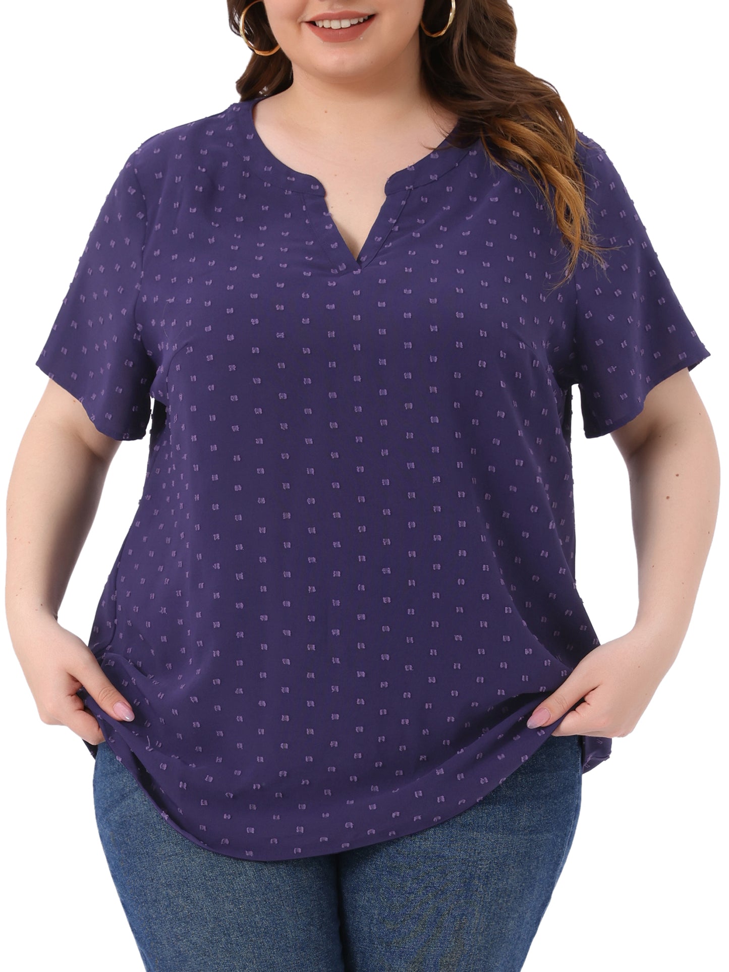 Women Plus Size Summer Top Swiss Dots Notched Neck Short Sleeve Blouse