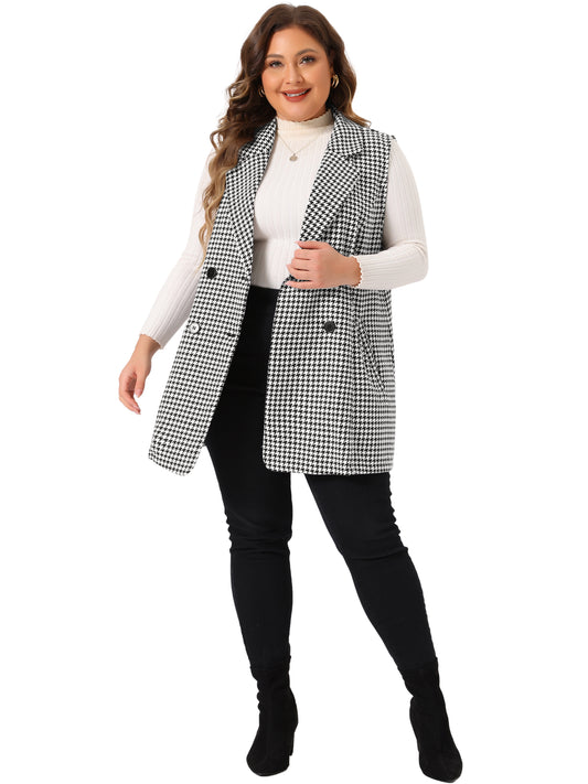 Women Plus Size Plaid Blazer Jacket Sleeveless Notched Lapel Button with Pockets Long Vests